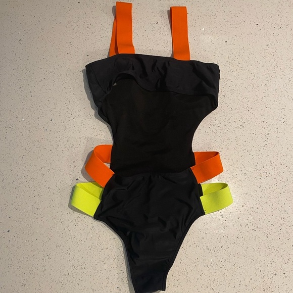 Other - Trendy Black One-Piece Swimsuit with Orange and Yellow Straps
